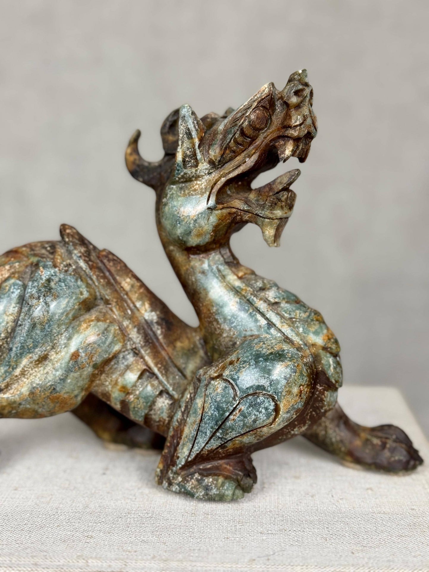 Chinese Dragon Sculpture | Serpentine Stone Dragon Carving | Vintage Asian Dragon Figurine