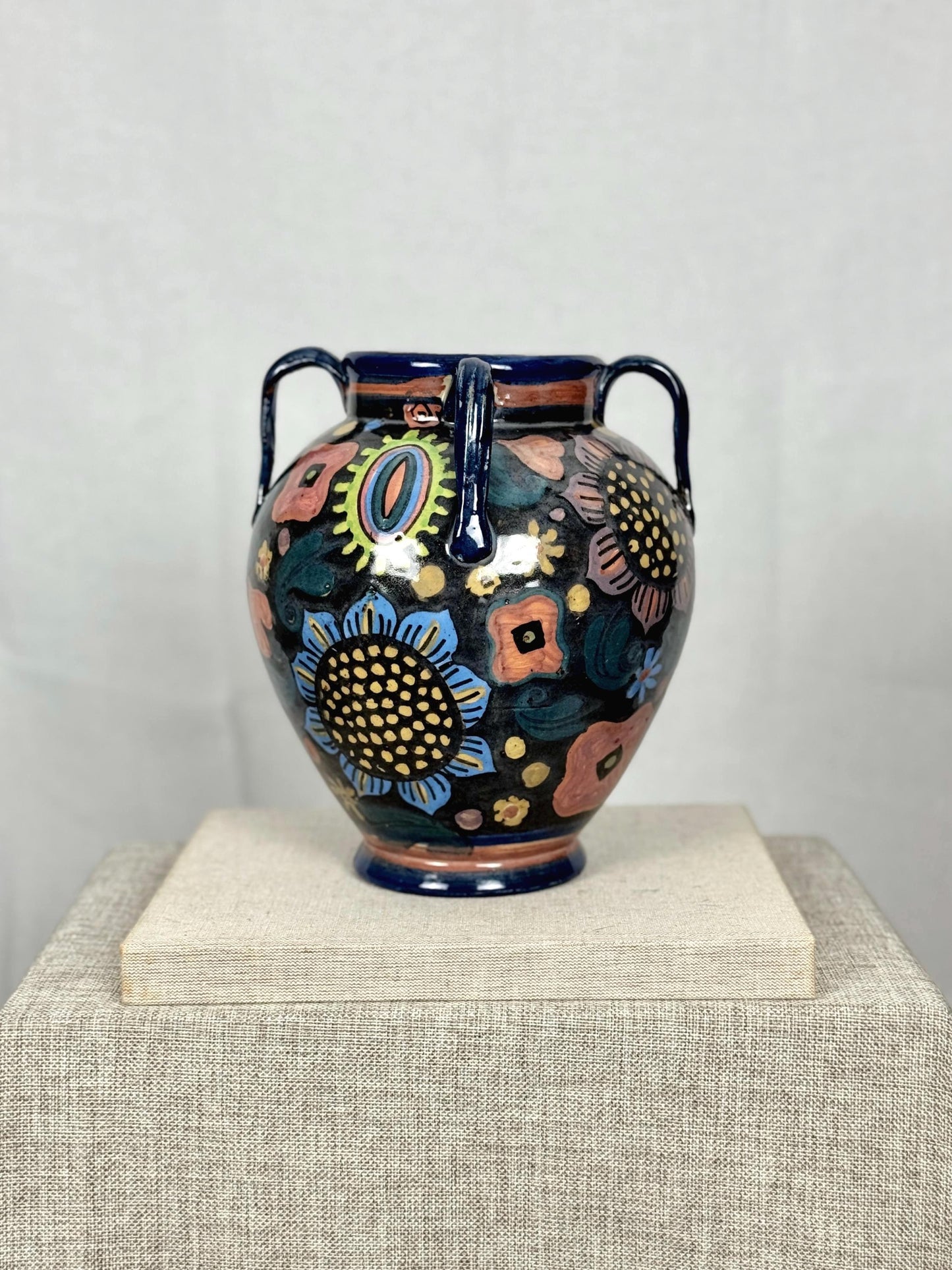 Vintage Hand Painted Ceramic Vase | Sculptural Floral Pottery | Double Handle Vase