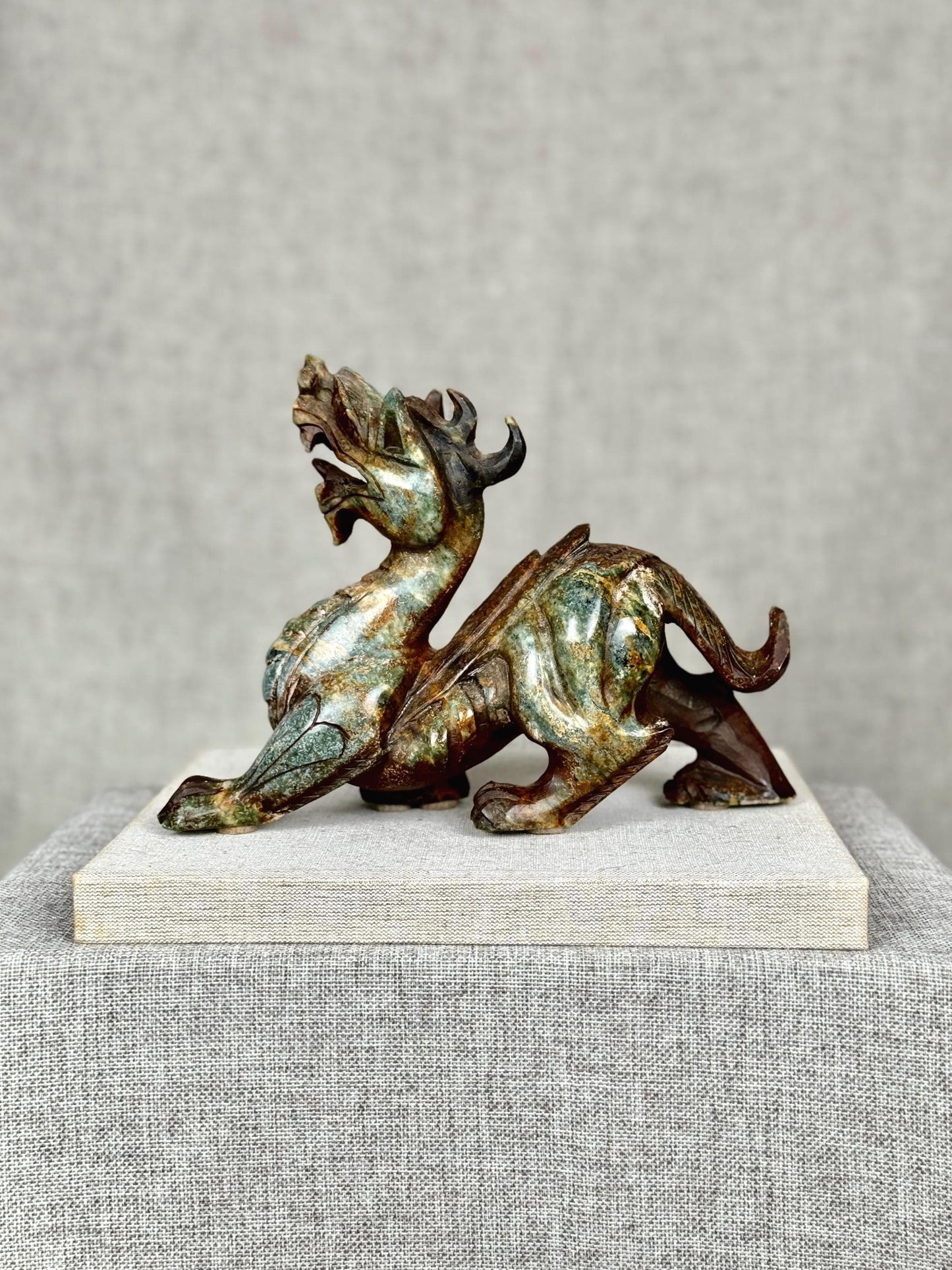 Chinese Dragon Sculpture | Serpentine Stone Dragon Carving | Vintage Asian Dragon Figurine