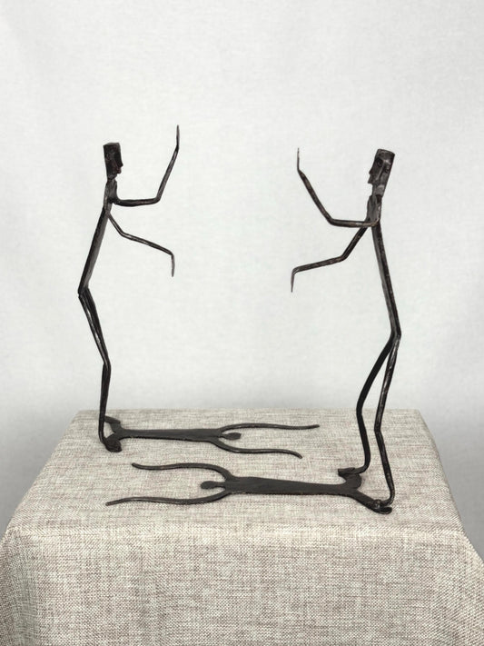 Vintage Brutalist Iron Bookends Pair | Figural Metal Sculpture Bookends | Dancing Men with Shadows