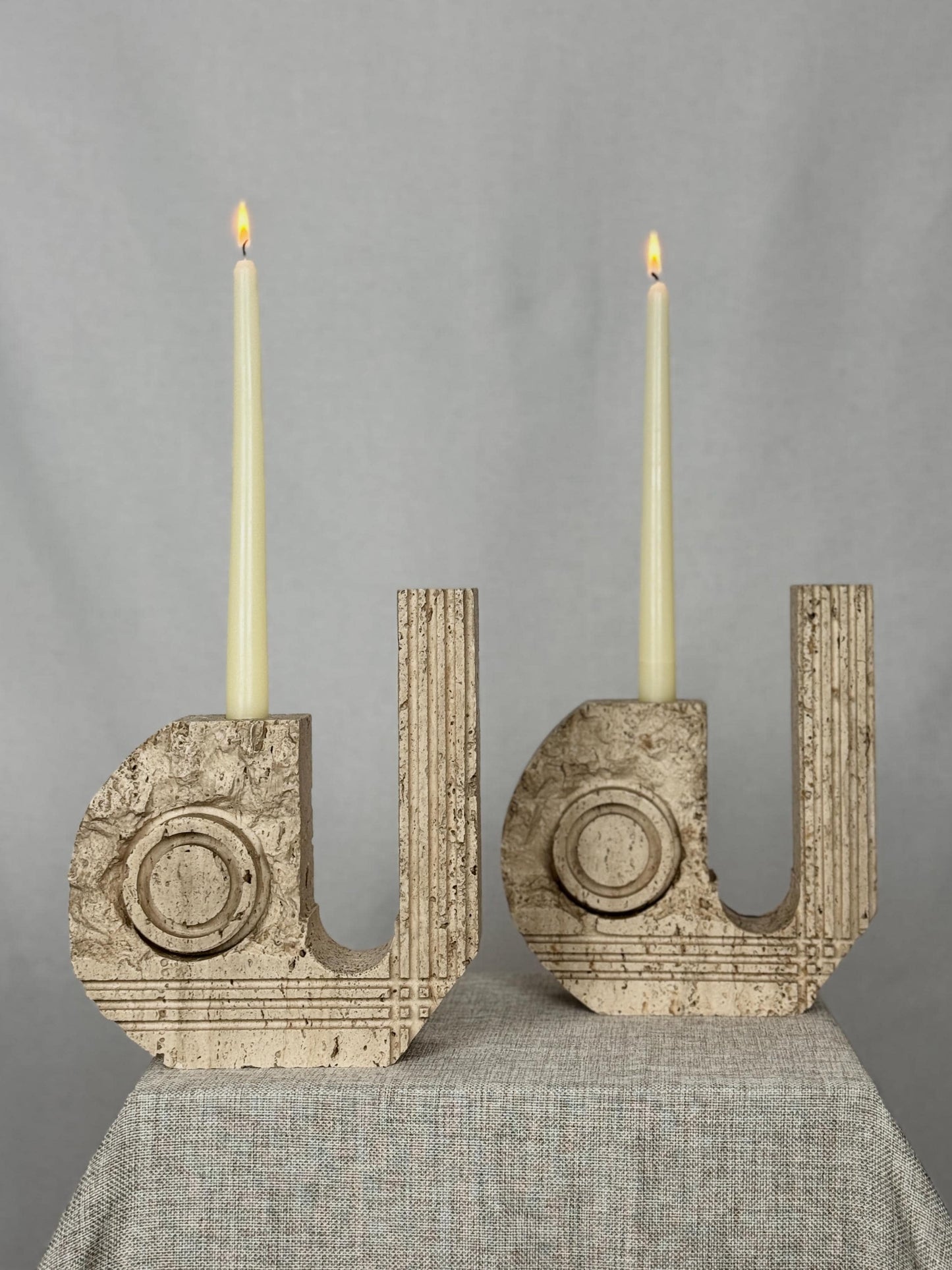 Italian Travertine Candle Holder Pair, Fratelli Mannelli Style