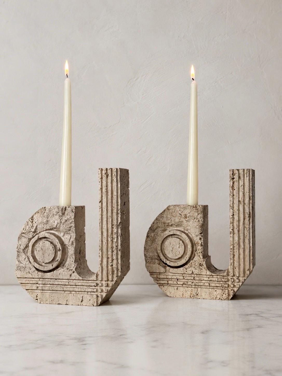 Italian Travertine Candle Holder Pair, Fratelli Mannelli Style