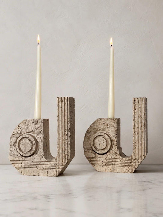 Italian Travertine Candle Holder Pair, Fratelli Mannelli Style