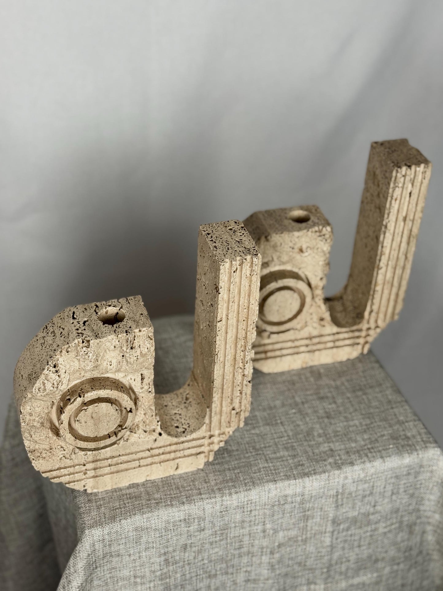 Italian Travertine Candle Holder Pair, Fratelli Mannelli Style
